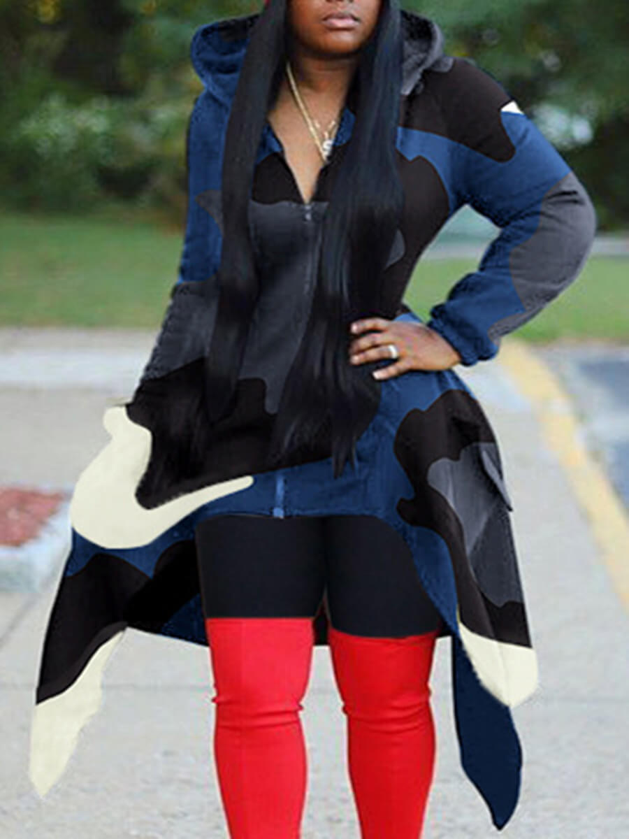

Lovely Casual Hooded Collar Camo Print Asymmetrical Blue Hoodie