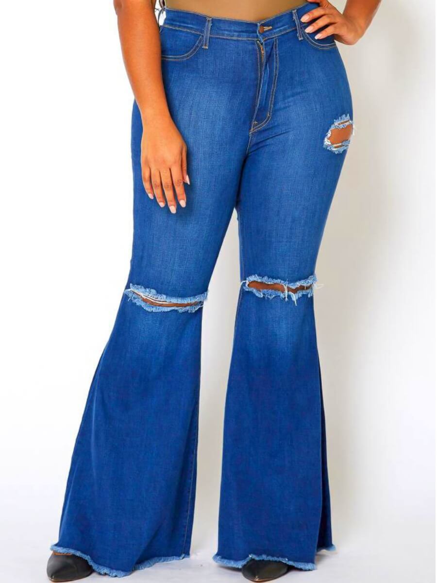 

Lovely Trendy Broken Holes Flared Blue Plus Size Jeans