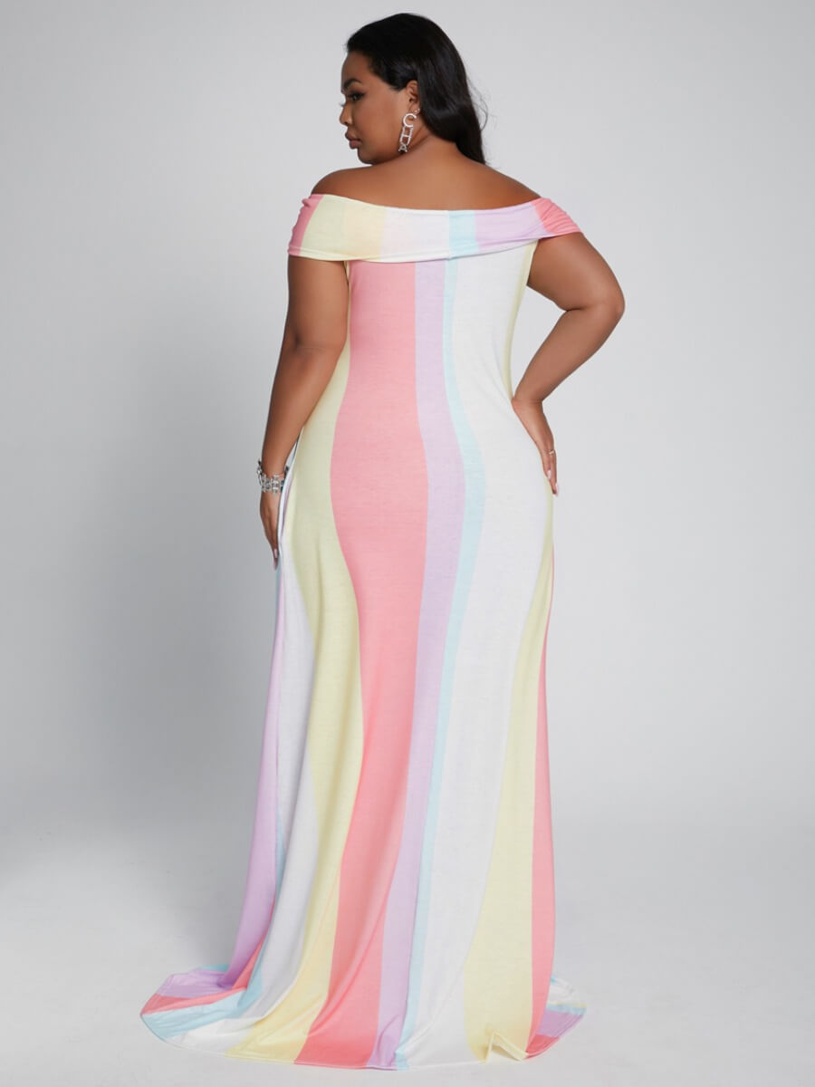LW Plus Size Stylish Dew Shoulder Rainbow Striped Yellow Maxi Dress