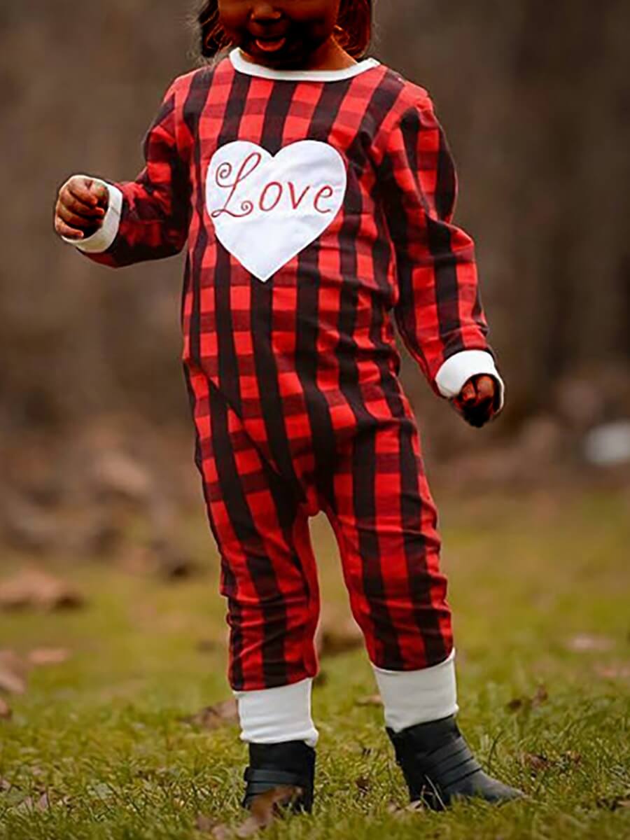 

Lovely Leisure O Neck Grid Print Red And Black Girl One-piece Jumpsuit, Red and black check