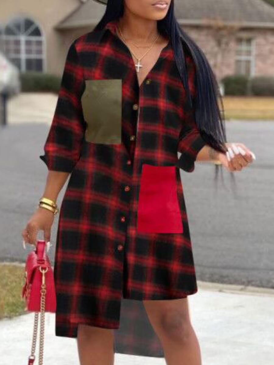 

Lovely Trendy Turndown Collar Grid Print Asymmetrical Red Knee Length Shirt Dress