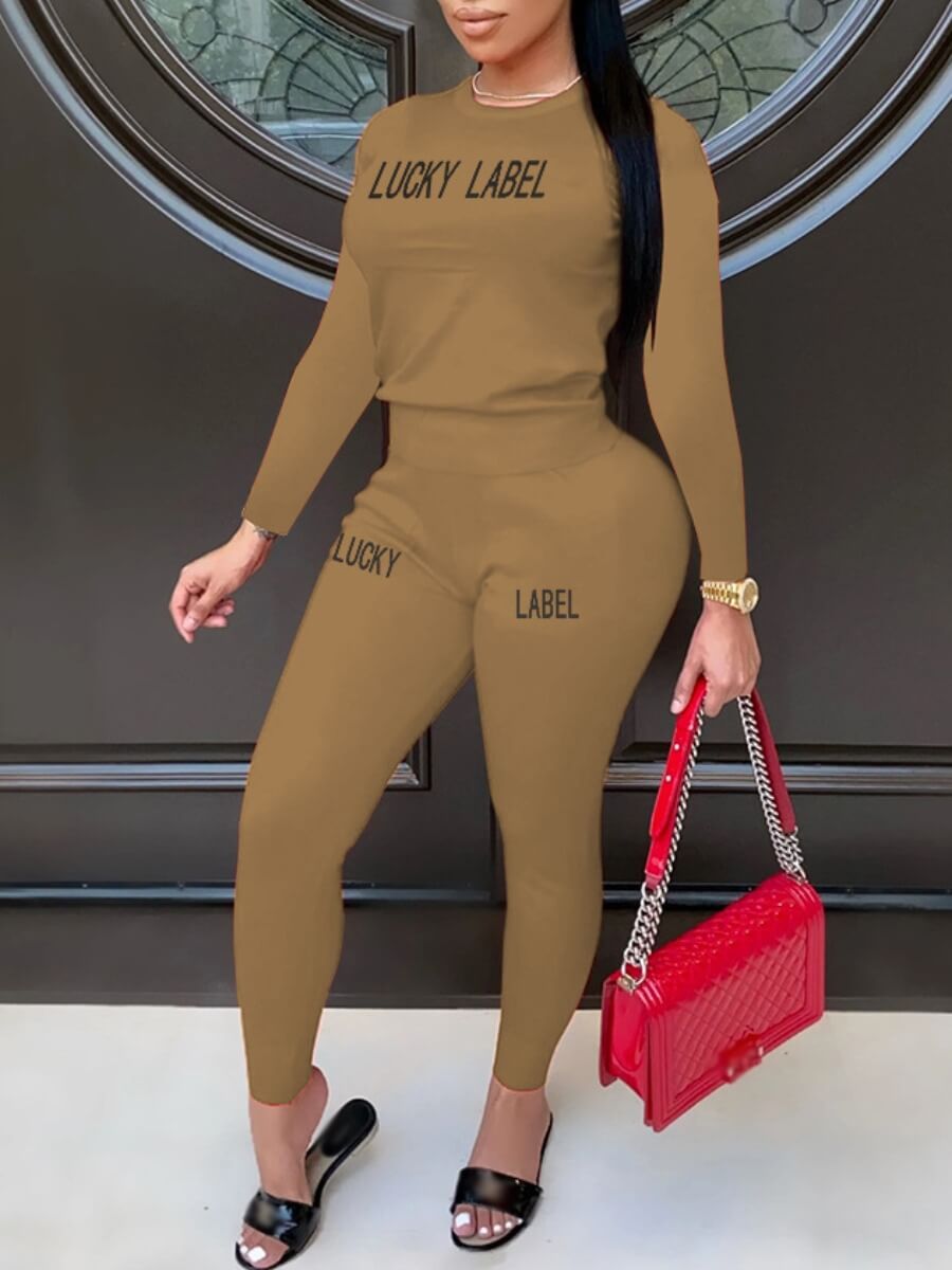 

Lovely Sportswear O Neck Letter Print Khaki Two Piece Pants Set