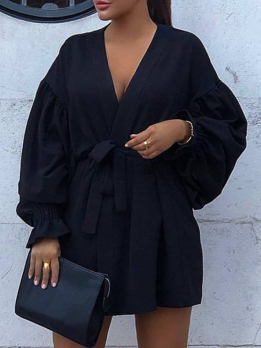 

LW Casual V Neck Fold Design Loose Black Mini Dress