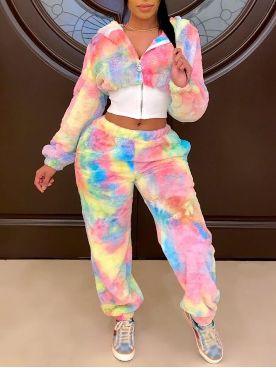 

Lovely Trendy Hooded Collar Tie Dye Pink Two Piece Pants Set