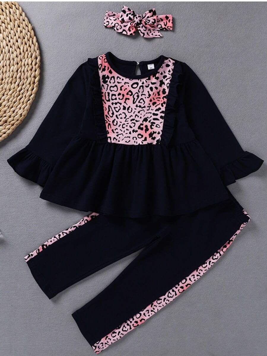 

Lovely Stylish O Neck Print Patchwork Black Girl Two-piece Pants Set