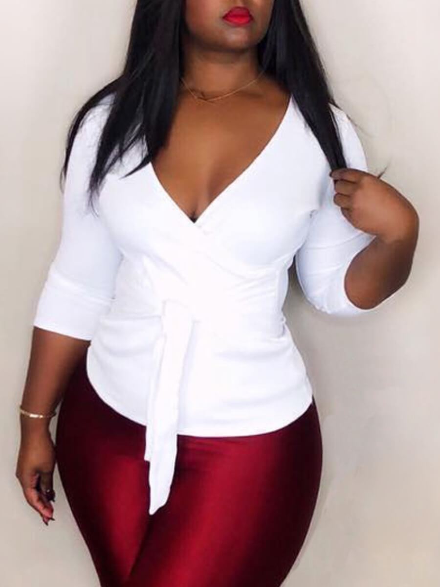

LW Trendy V Neck Bandage Design White Blouse