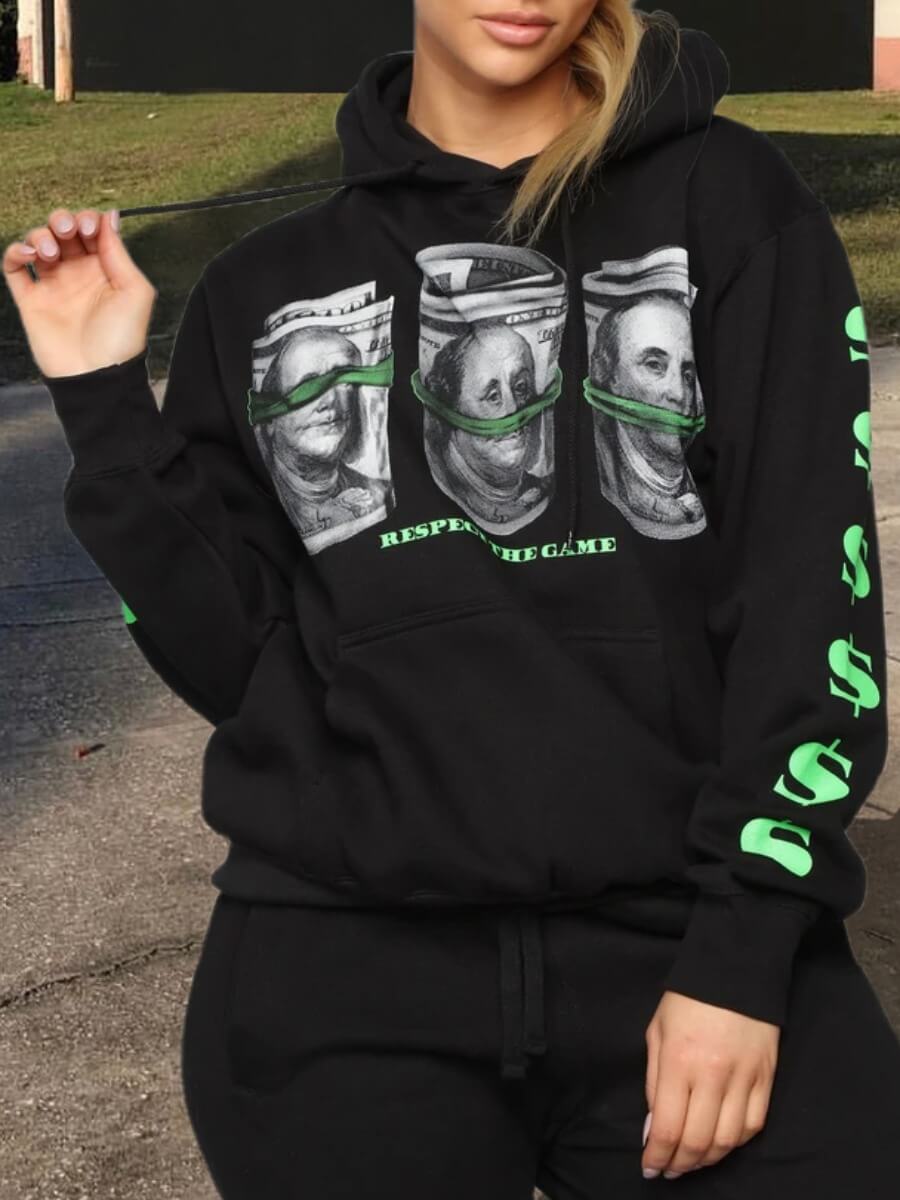 

Lovely Street Hooded Collar Print Black Hoodie