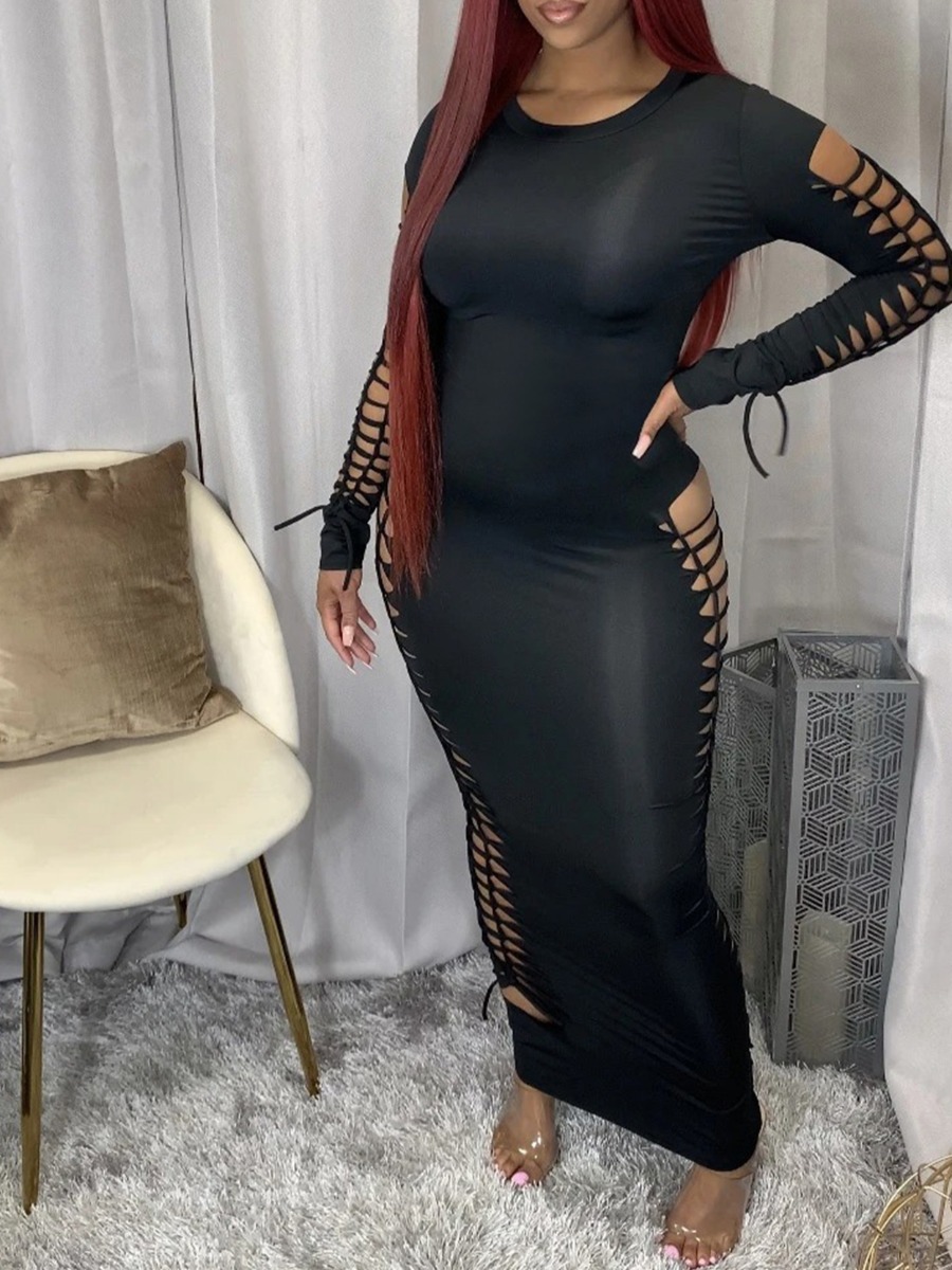 

Lovely Street O Neck Hollow-out Black Ankle Length Dress
