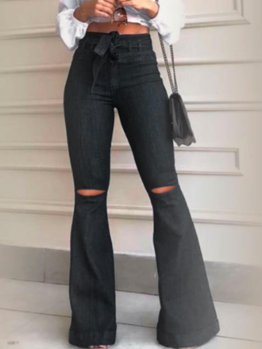

Lovely Casual High-waisted Broken Holes Pitch-black Jeans