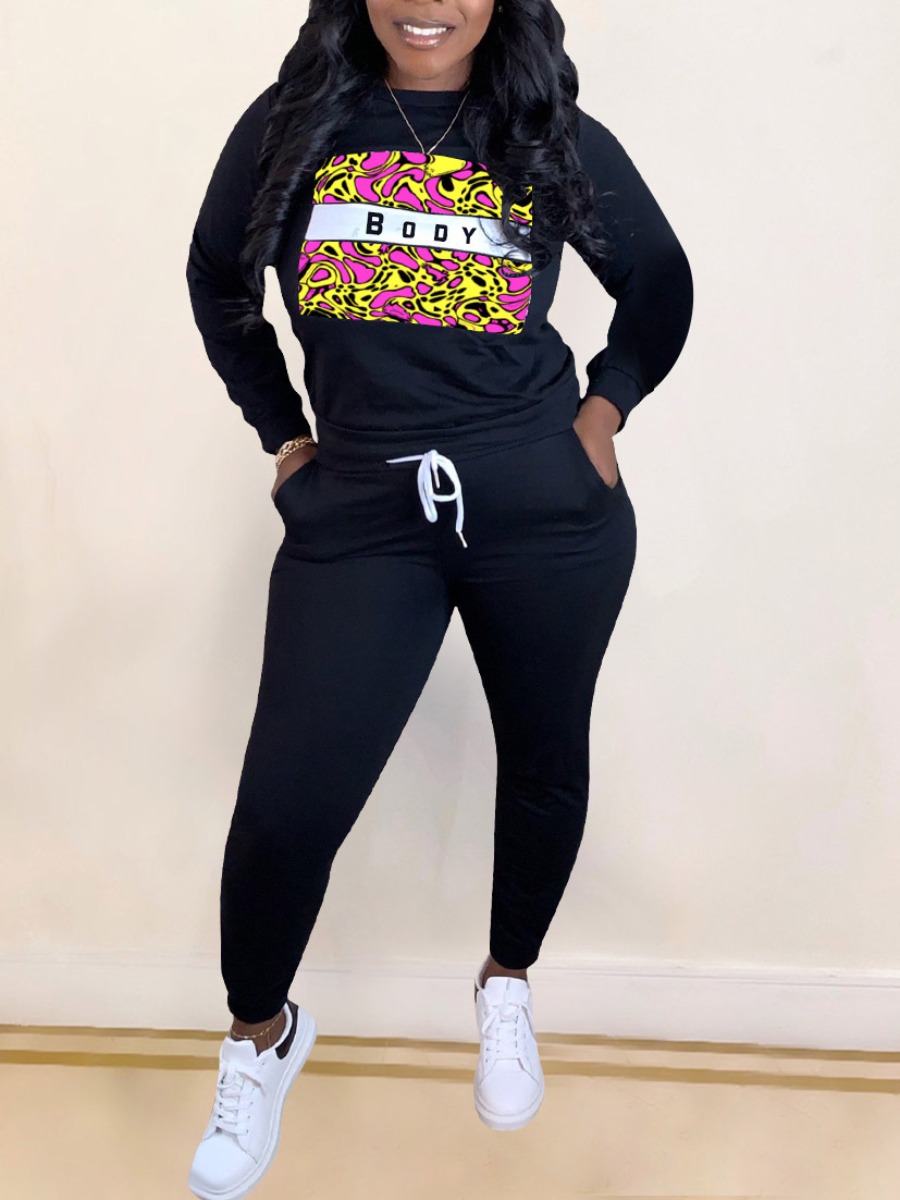 

lovely Casual O Neck Print Black Two Piece Pants Set