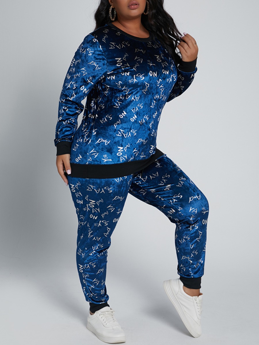 

Lovely Casual O Neck Letter Print Dark Blue Plus Size Two-piece Pants Set