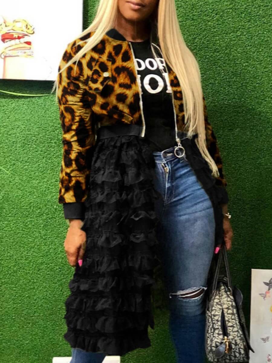 

Lovely Stylish Leopard Print Patchwork Long Coat