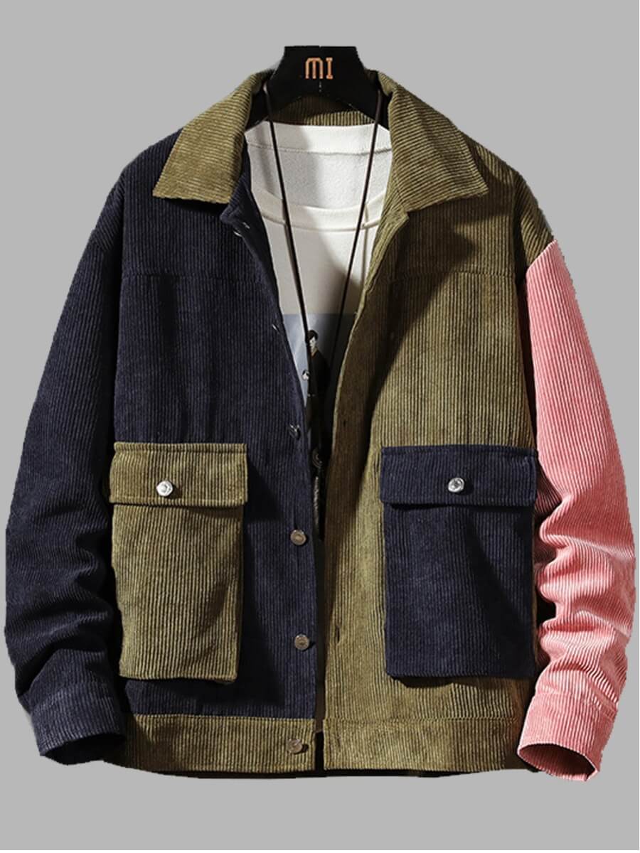 

Lovely Trendy Turndown Collar Color-lump Patchwork Green Men Jacke