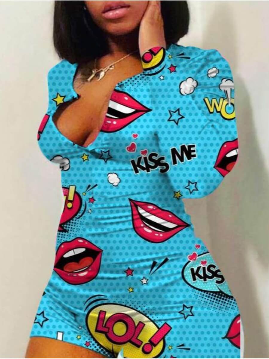 

Lovely Trendy Lip Print Blue Sleepwear