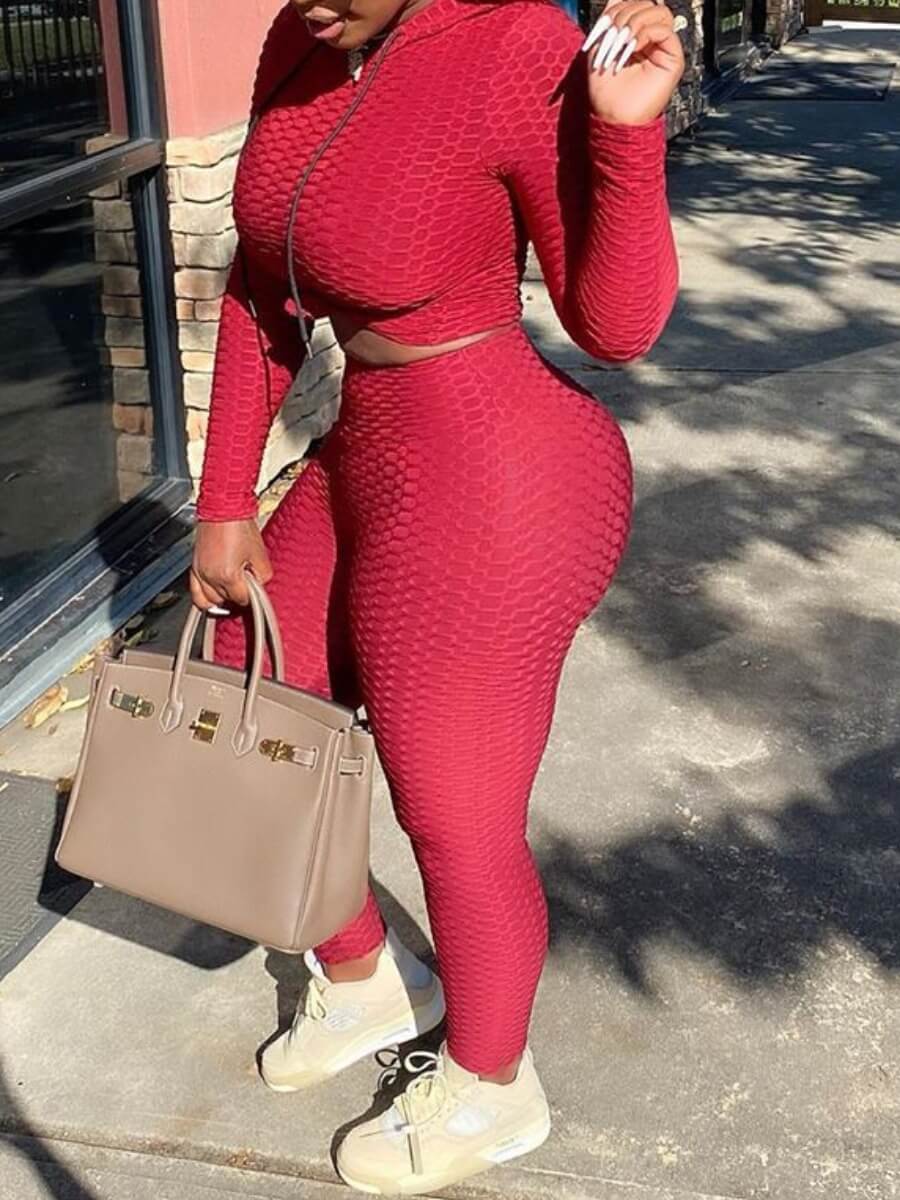 

Lovely Sportswear Hooded Collar Basic Skinny Red Two Piece Pants Set