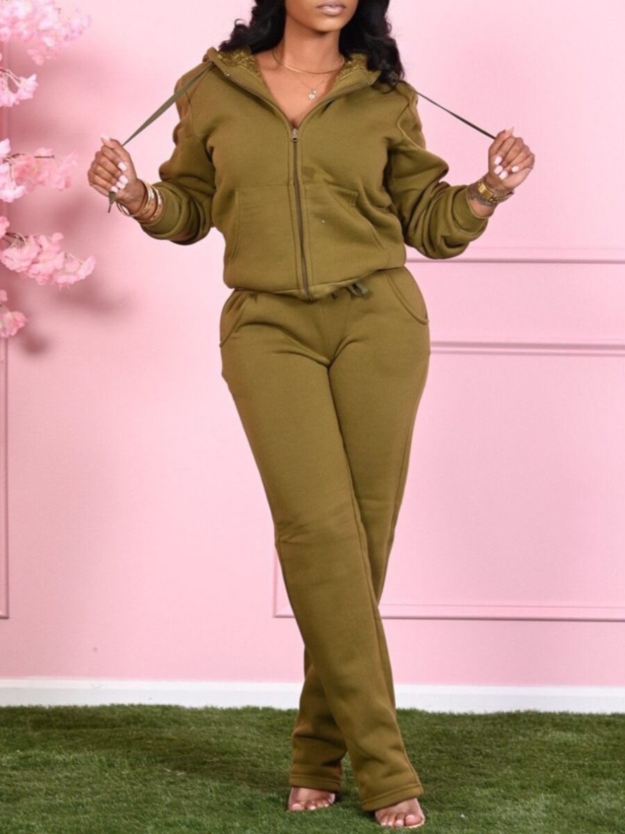 

Lovely Casual Hooded Collar Zipper Design Army Green Two Piece Pants Set