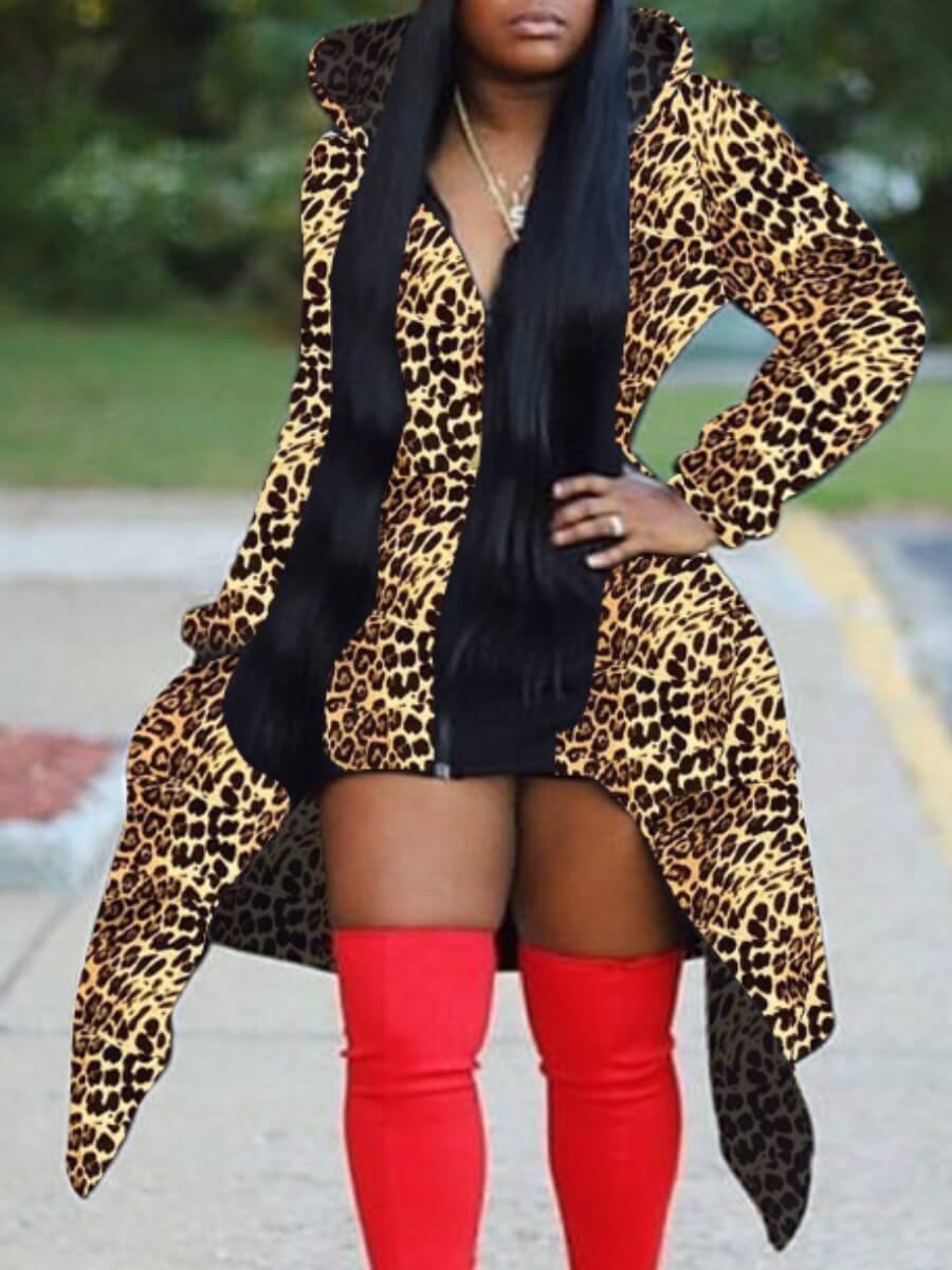 

Lovely Casual Hooded Collar Leopard Print Asymmetrical Coat