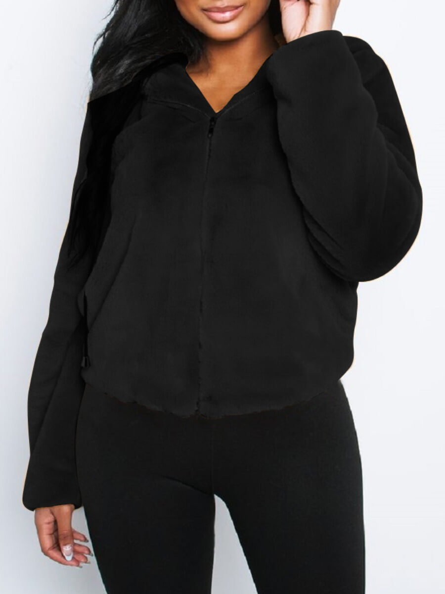 

Lovely Casual Hooded Collar Zipper Design Black Faux Fur