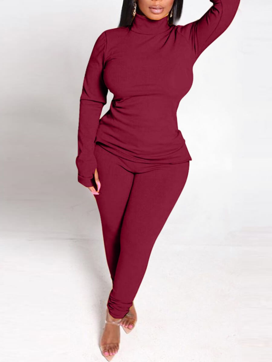 

Lovely Leisure Turtleneck Basic Skinny Red Two Piece Pants Set