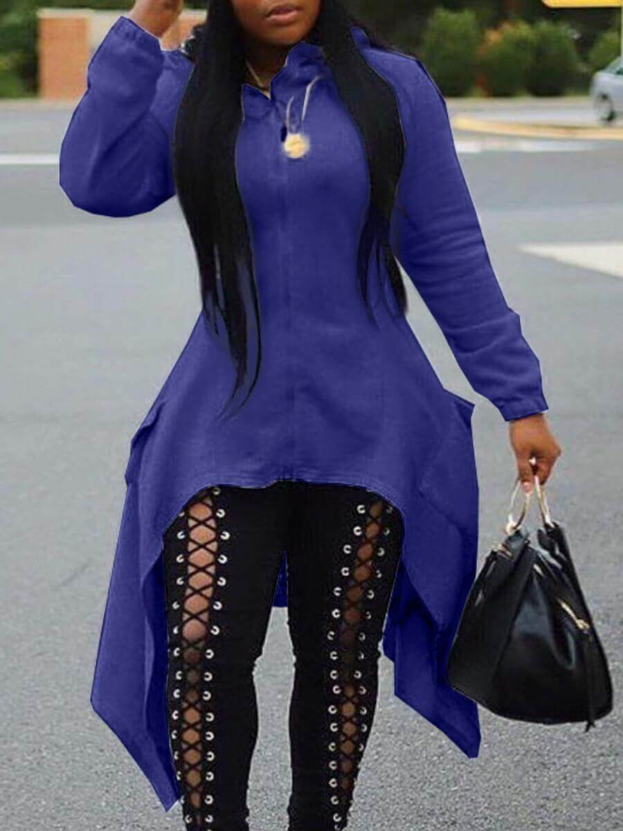 

Lovely Casual Hooded Collar Zipper Design Asymmetrical Blue Long Coat