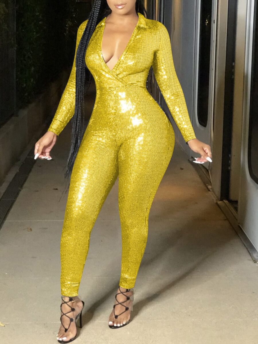 

Lovely Stylish Deep V Neck Skinny Yellow One-piece Jumpsuit