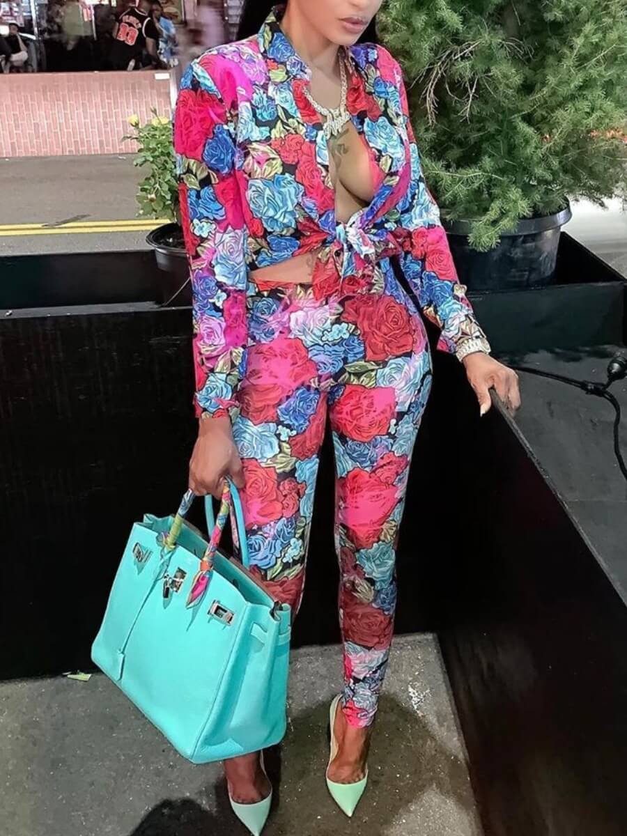 

Lovely Stylish Turndown Collar Floral Print Multicolor Two Piece Pants Set, Multi