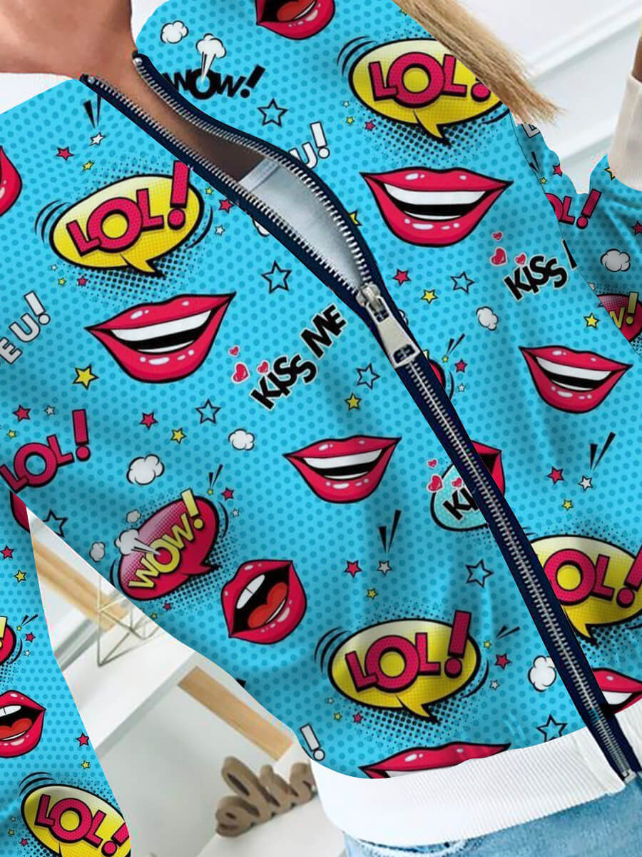 

Lovely Casual Lip Print Zipper Design Blue Hoodie