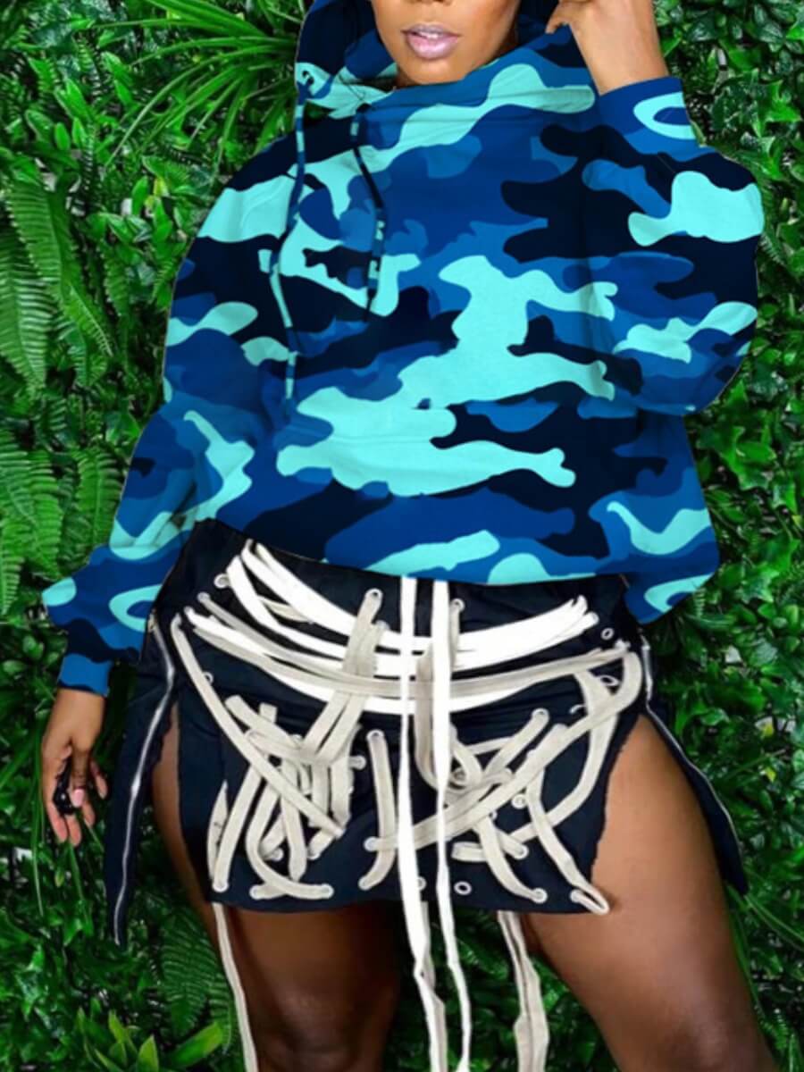 

Lovely Street Hooded Collar Camo Print Bue Plus Size Hoodie, Blue