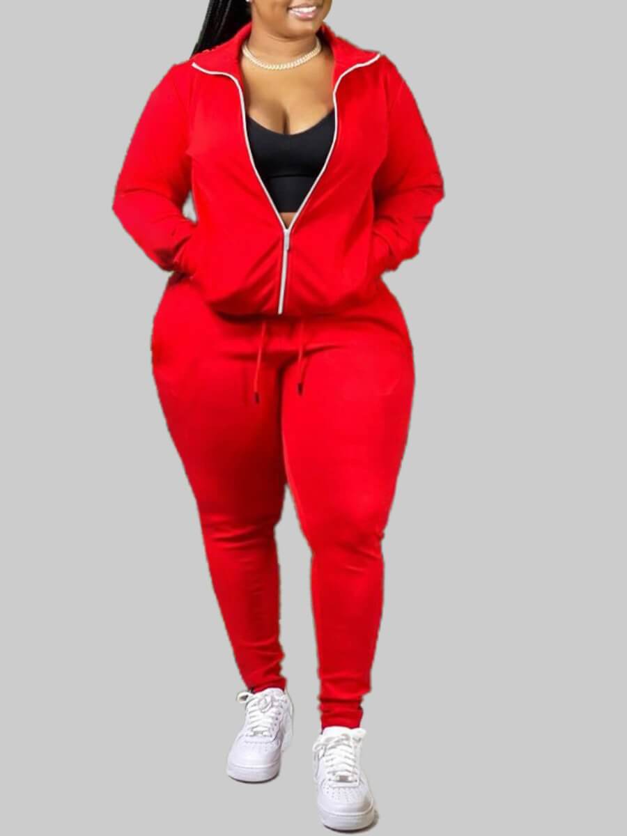 

Lovely Sportswear Turndown Collar Zipper Design Red Plus Size Two-piece Pants Set