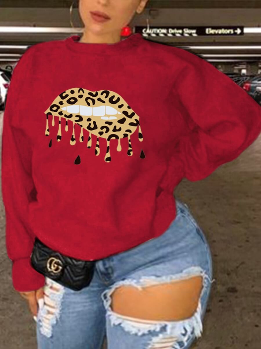 

Lovely Casual O Neck Lip Print Red Plus Size Hoodie
