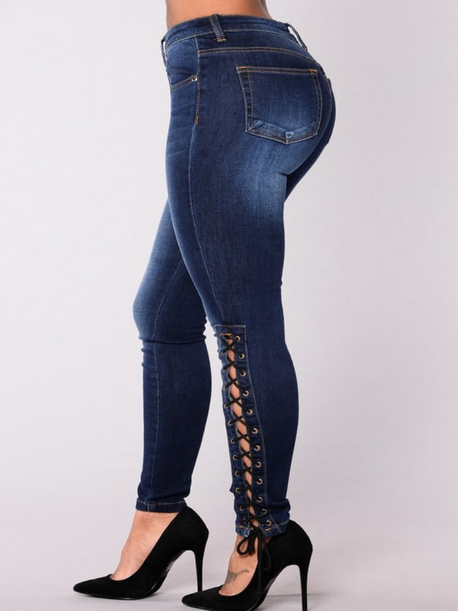 

Lovely Trendy Bandage Design Skinny Deep Blue Jeans