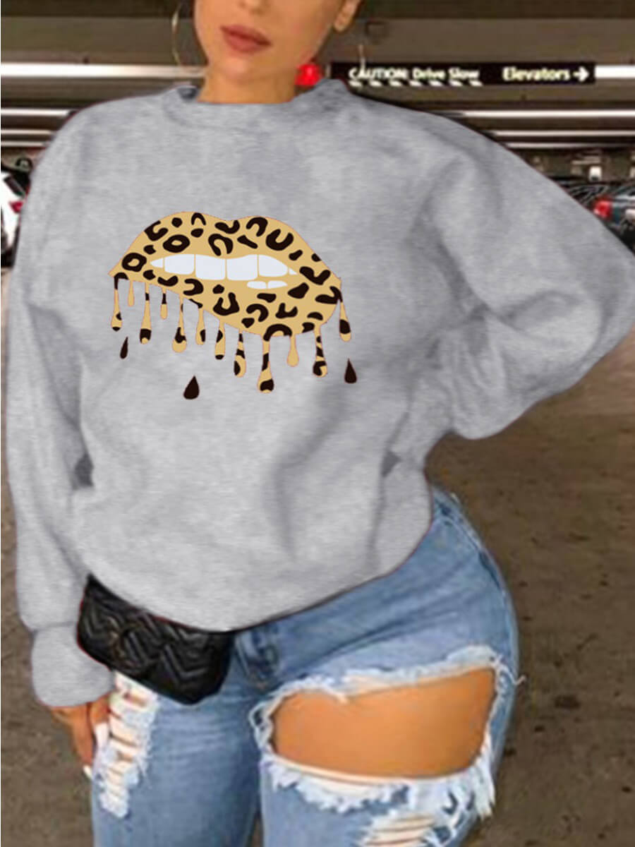 

Lovely Casual O Neck Lip Print Grey Plus Size Hoodie