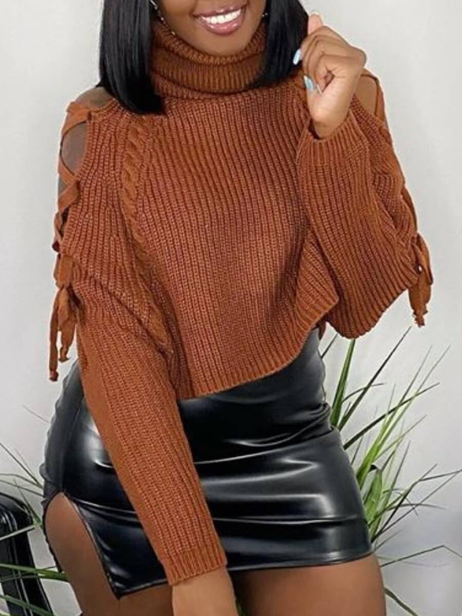 

Lovely Street Turtleneck Bandage Design Light Tan Sweater