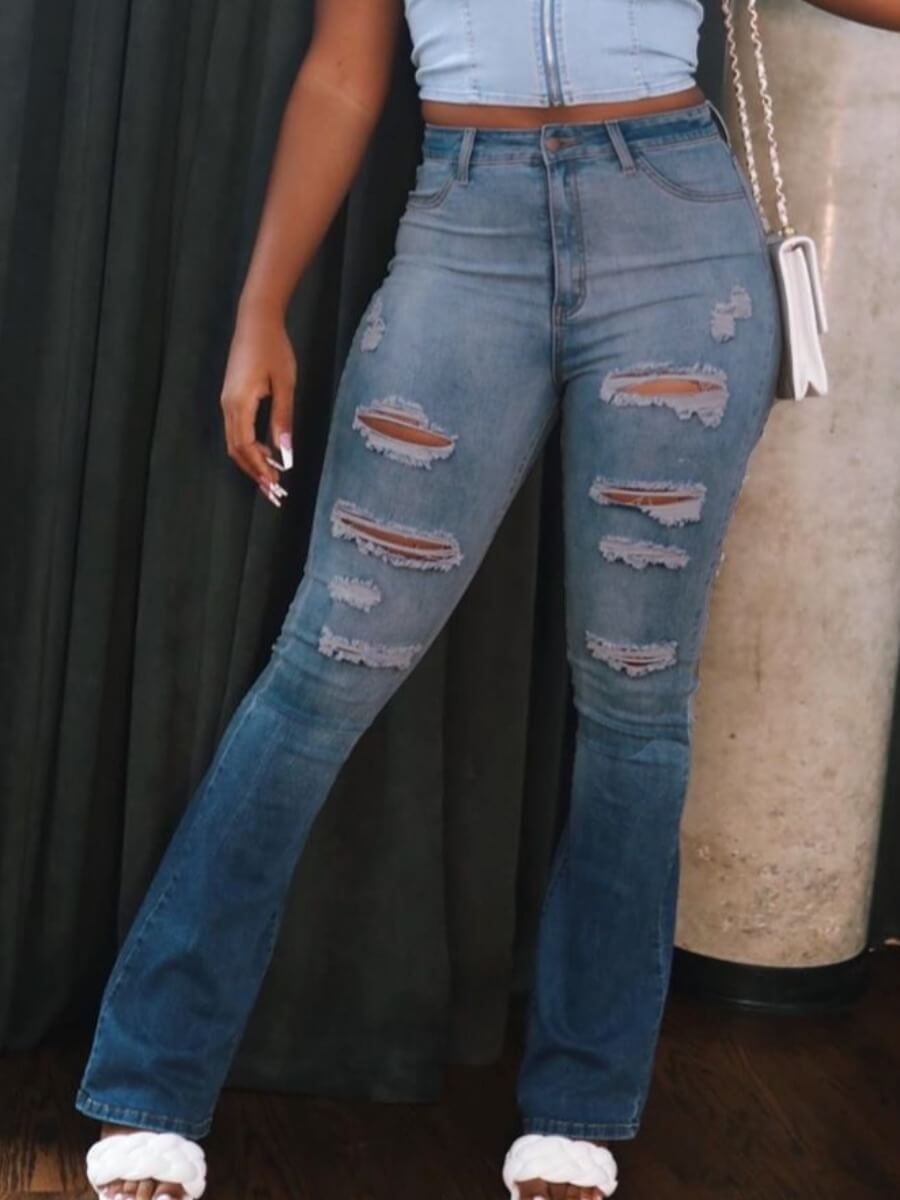 

Lovely Trendy Broken Holes Blue Jeans