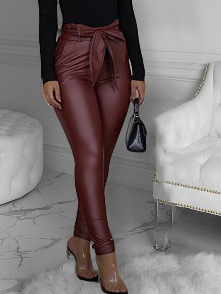 

Lovely Trendy Lace-up Skinny Wine Red Pants