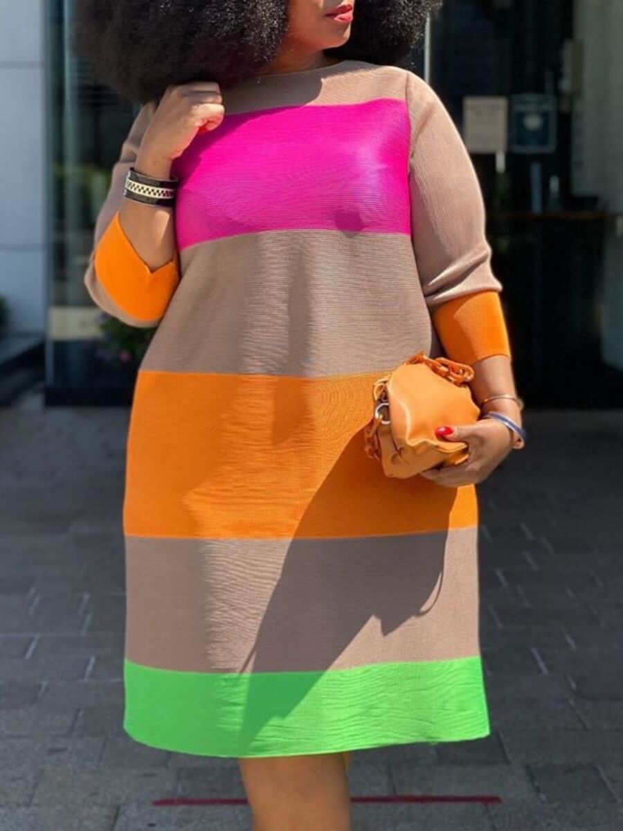 

Lovely Trendy O Neck Rainbow Striped Multicolor Knee Length Plus Size Dress, Multi