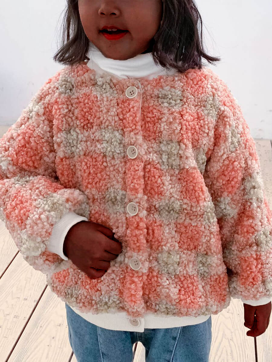 

Lovely Stylish O Neck Grid Print Light Pink Girl Coat