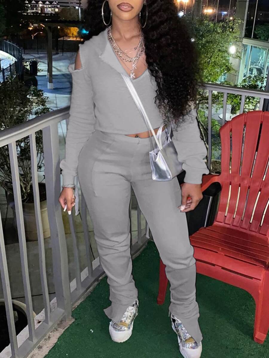 

Lovely Casual Hollow-out Grey Two Piece Pants Set