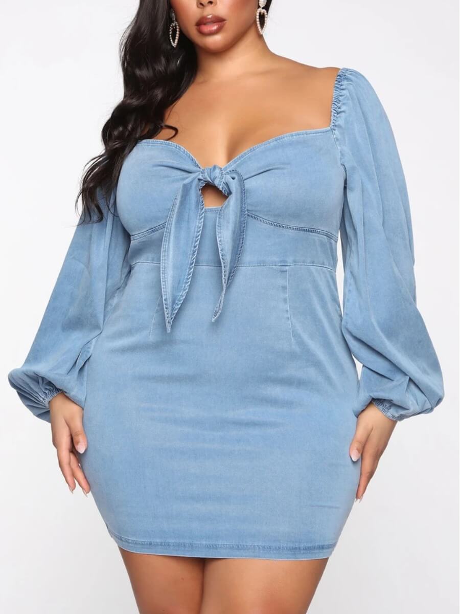 

Lovely Trendy Knot Design Baby Blue Mini Plus Size Dress