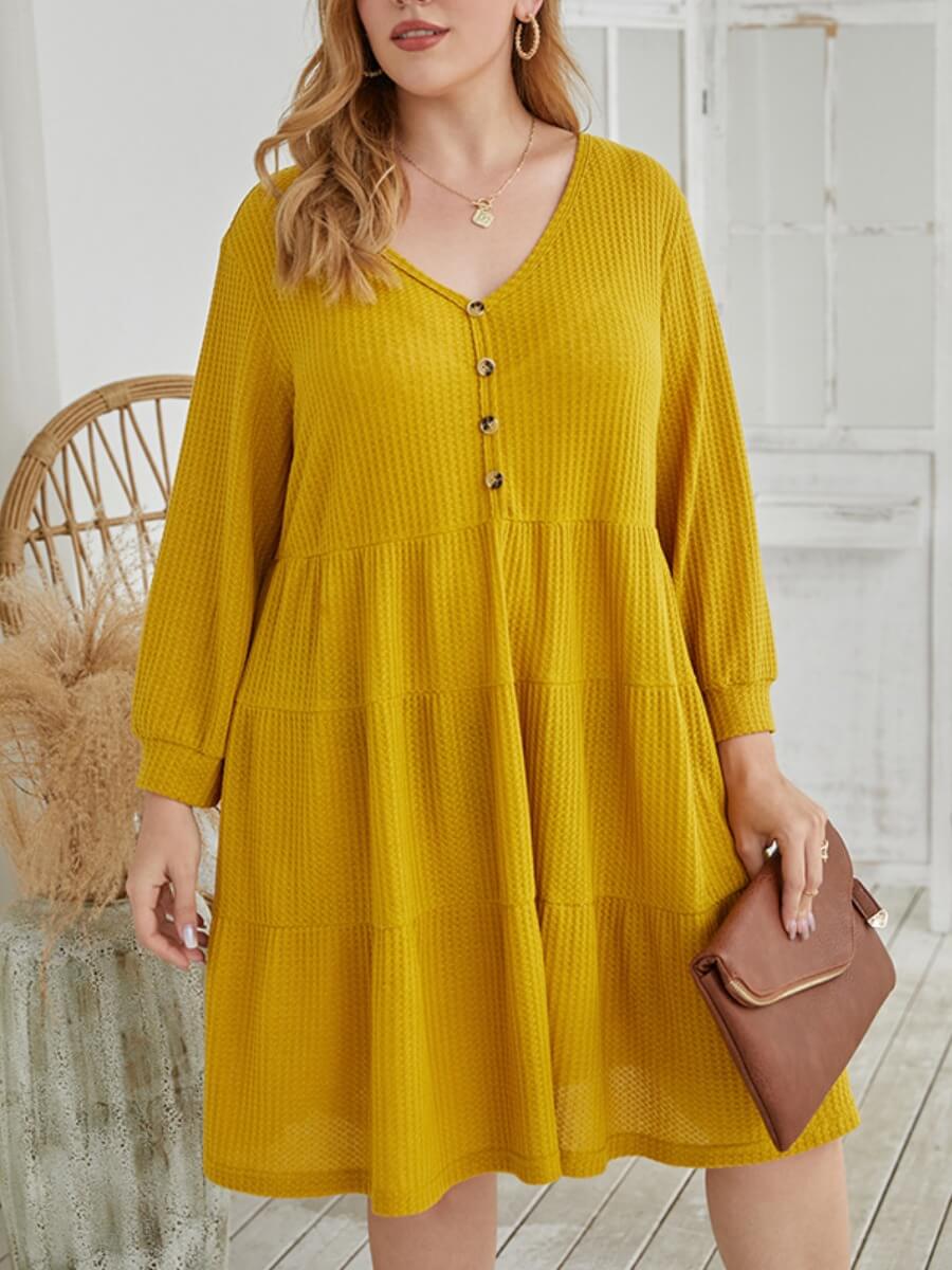

Lovely Trendy V Neck Buttons Fold Design Yellow Knee Length Dress
