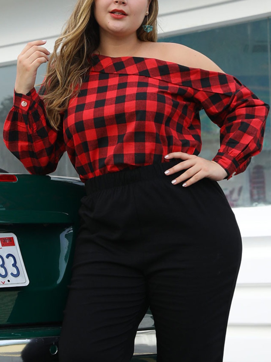 

Lovely Trendy Dew Shoulder Grid Print Red Blouse