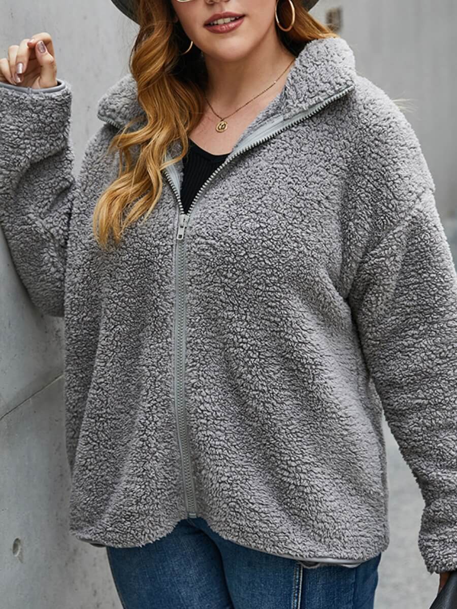

Lovely Casual Turndown Collar Zipper Design Grey Faux Fur
