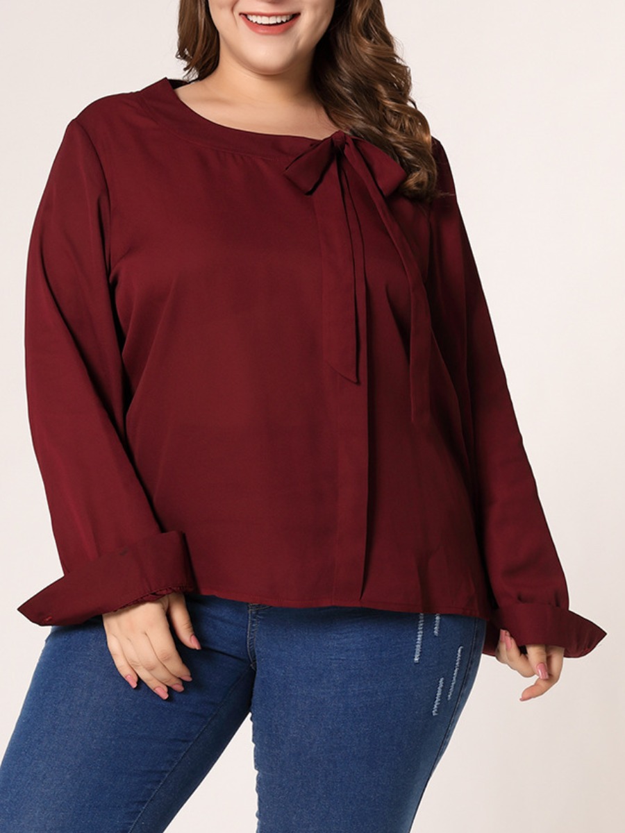 

Lovely Casual O Neck Lace-up Wine Red Blouse