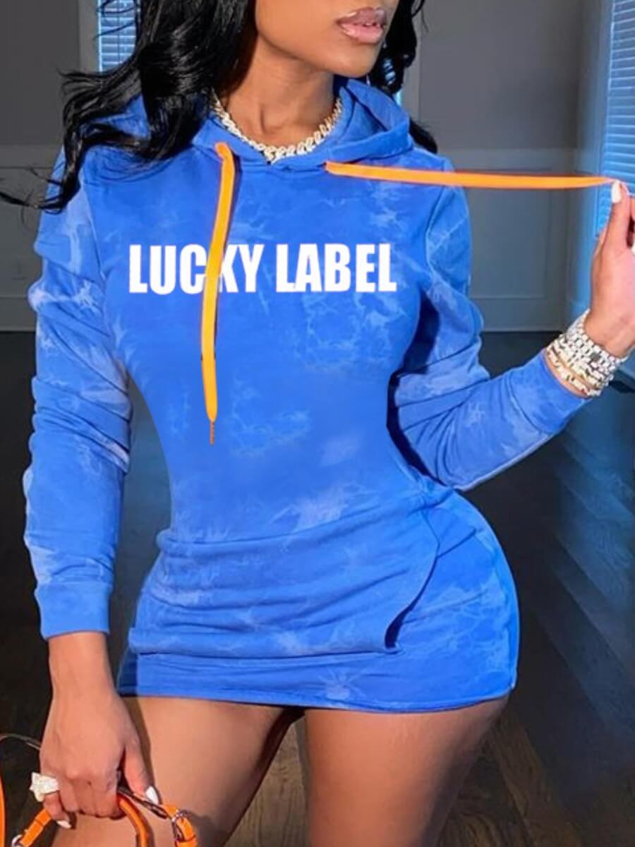 

Lovely Casual Hooded Collar Letter Print Blue Mini Dress