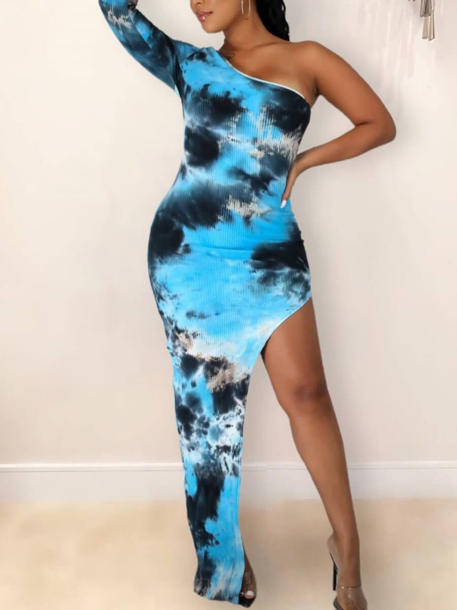 

Lovely Trendy One Shoulder Asymmetrical Tie-dye Blue Maxi Dress