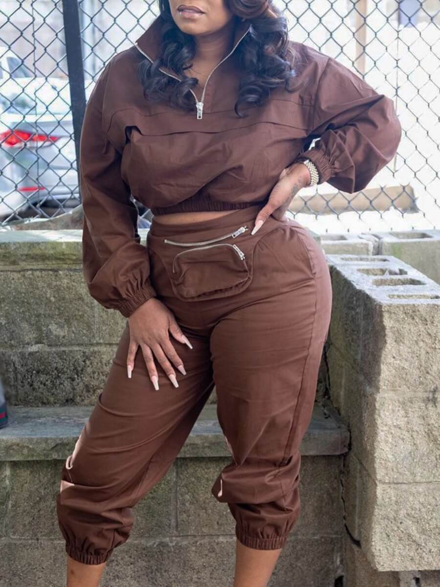 

Lovely Sportswear Turndown Collar Zipper Design Coffee Two Piece Pants Set