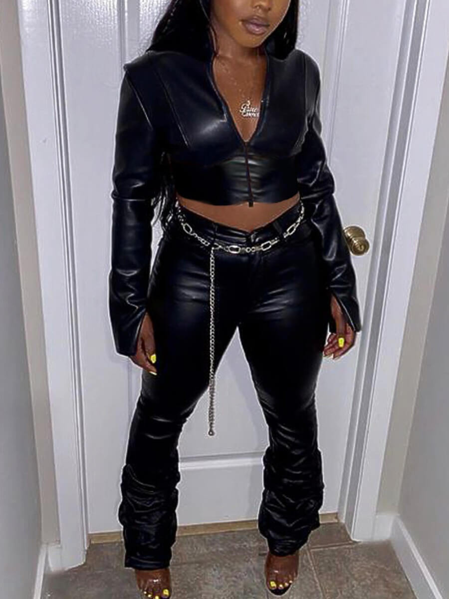 

LW Leather Fold Zipper Design Pants Set (Without Belt), Black