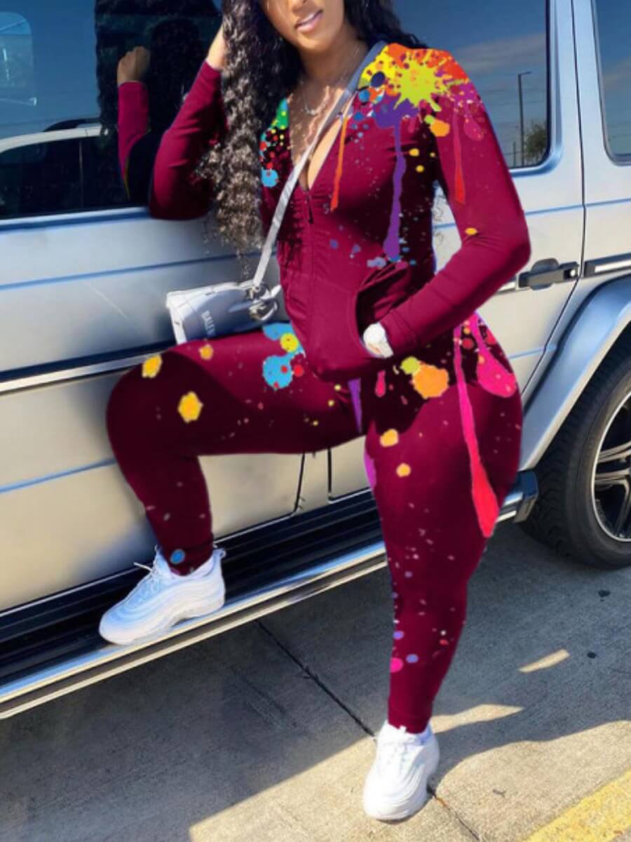 

Lovely Casual Graffiti Print Zipper Design Wine Red Plus Size Two-piece Pants Set