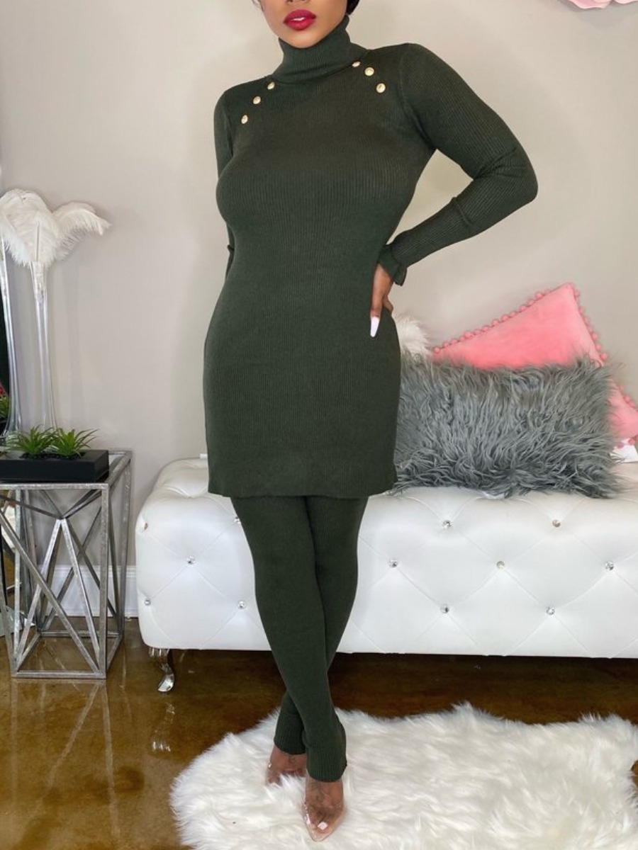 

Lovely Trendy Turtleneck Buttons Design Blackish Green Two Piece Pants Set, Black green