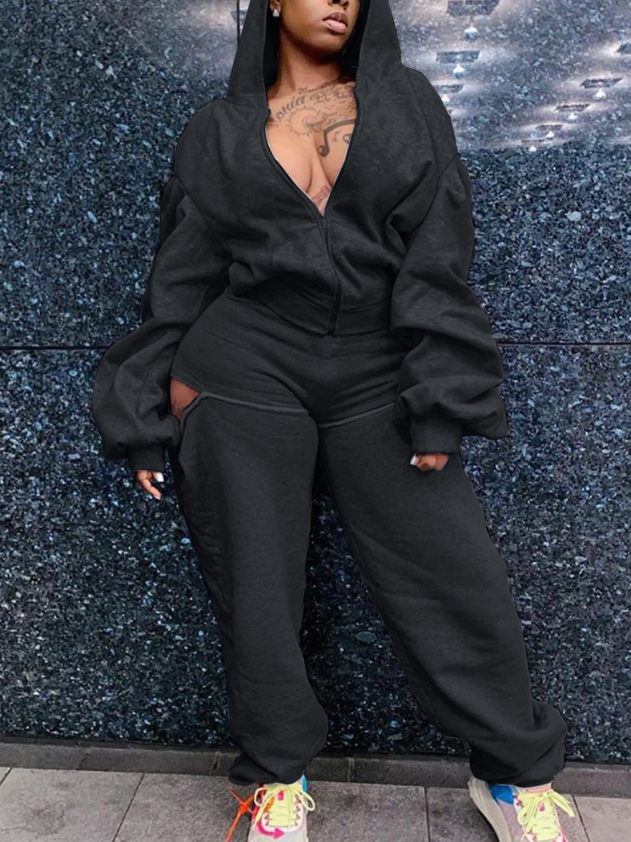 

Lovely Casual Hooded Collar Hollow-out Black Two Piece Pants Set